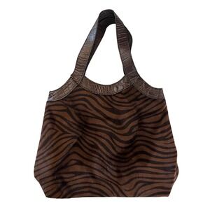 Brown Zebra Print Faux Fur Tote‎ Bag Purse Crocodile Embossed Trim